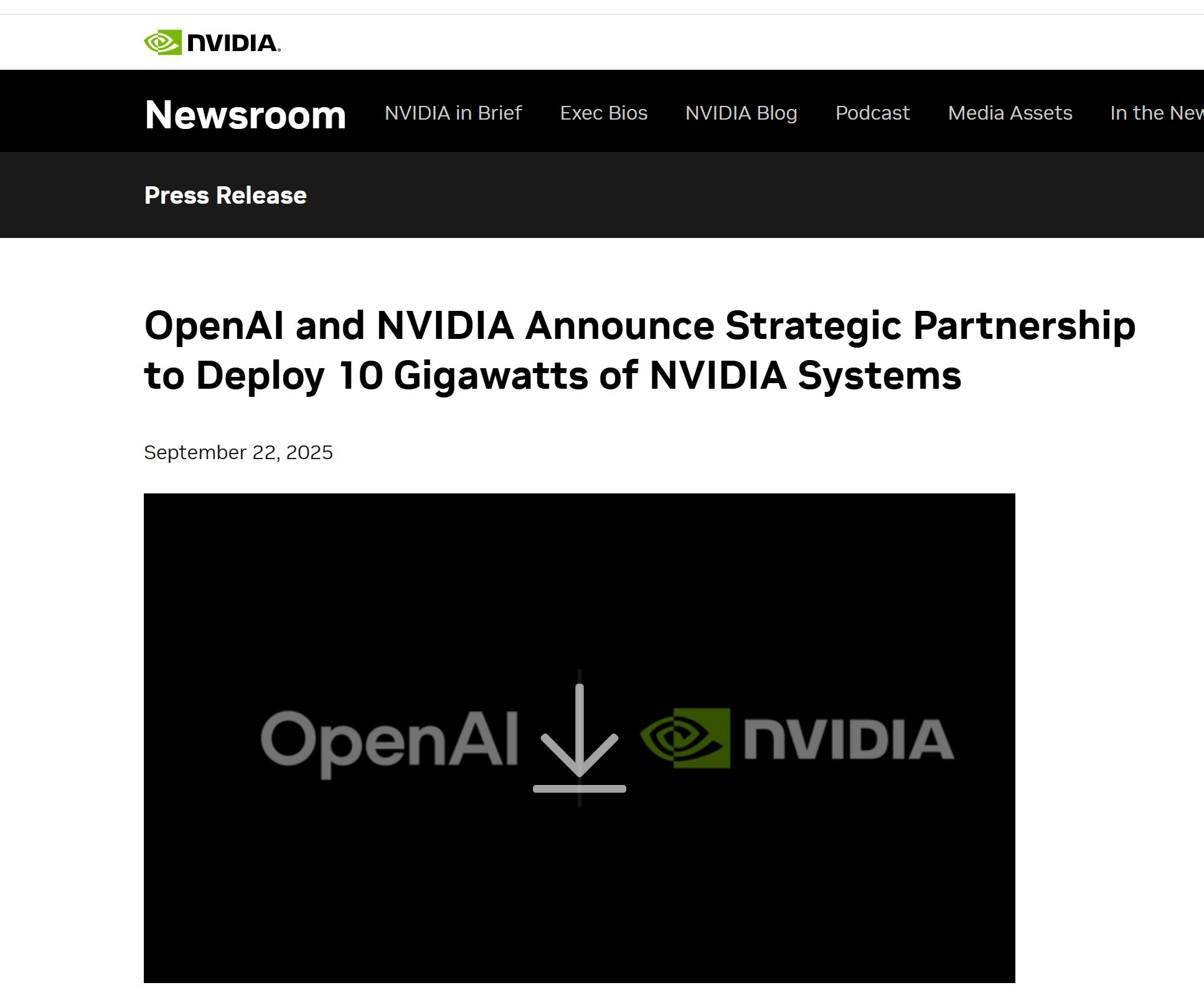 OpenAI与英伟达宣布合作伙伴关系意向书 英伟达将逐步向O